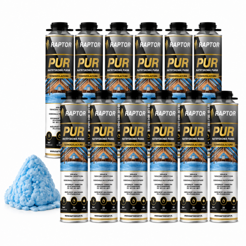 12szt Piana termoizolacyjna natryskowa do ociepleń PUR Raptor 750ml dwie dysze